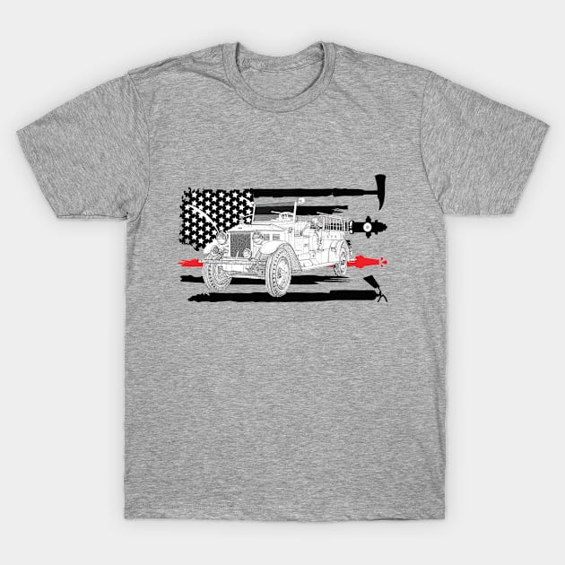 Vintage Fire Truck with Firefighter Flag T-Shirt by Dragon Sales Designs 